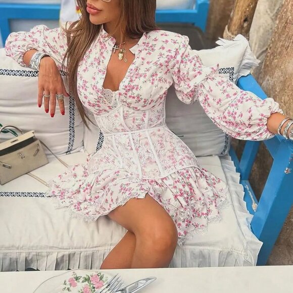 Pink Boho Women's Sweet Floral Lace Dress - Picture 8 of 9